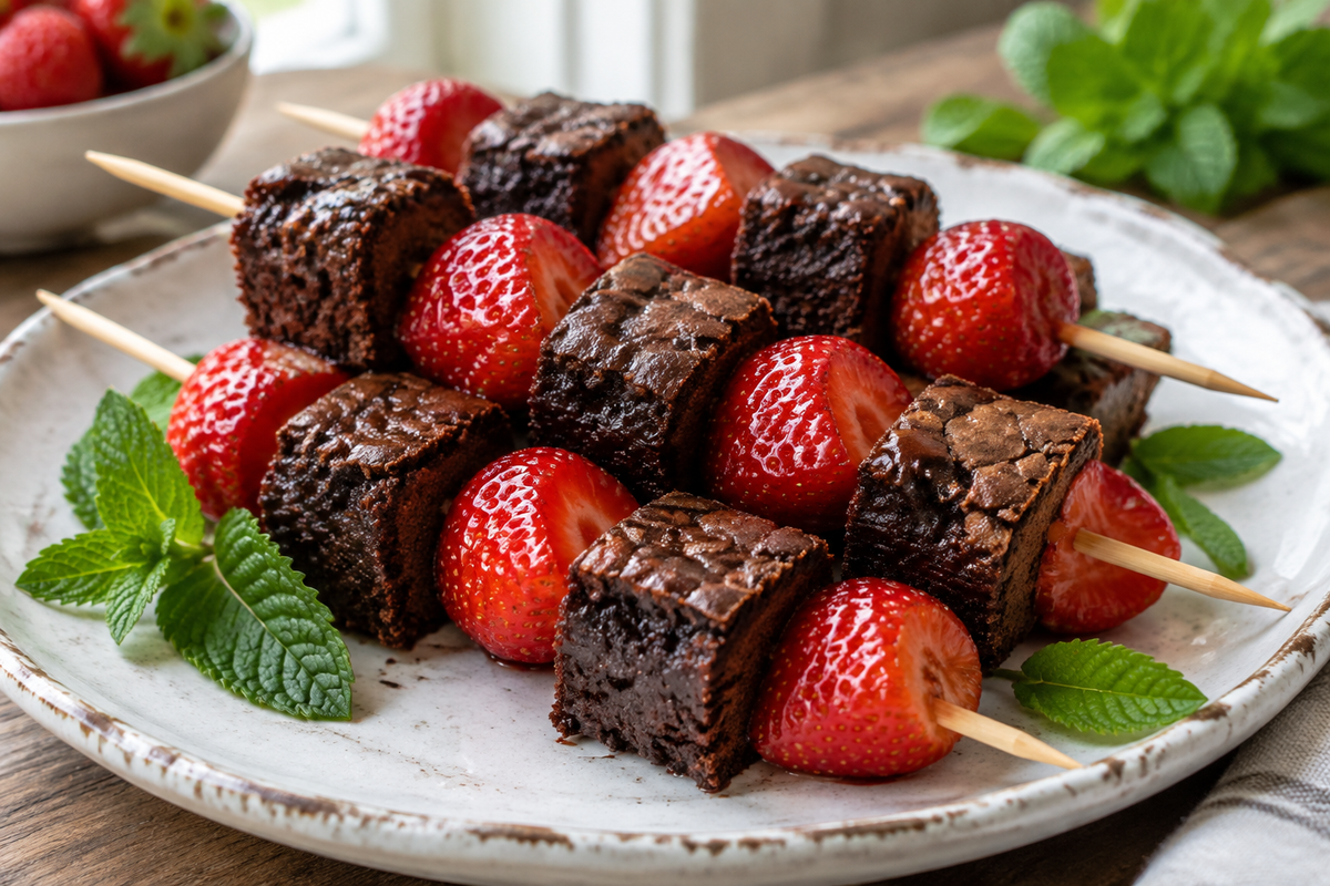 Strawberry brownie kabobs on wooden skewers with fresh mint garnish in natural light