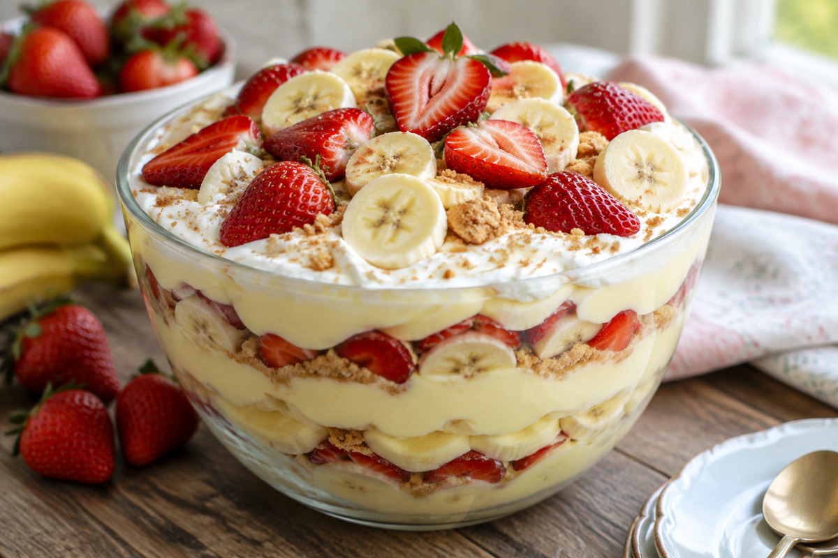 close-up of strawberry cheesecake banana pudding with fresh strawberries and banana slices in a bowl