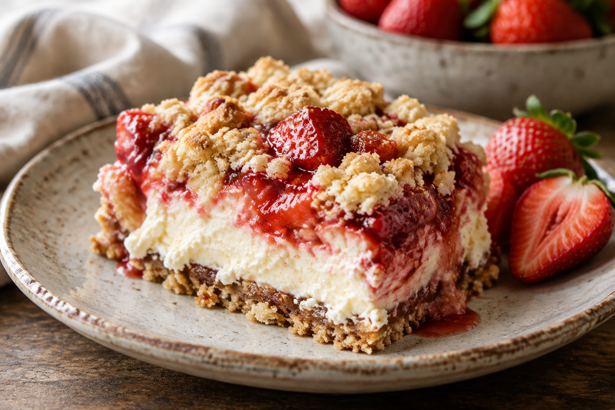 Slice of strawberry cheesecake dump cake with creamy filling and fresh strawberry topping