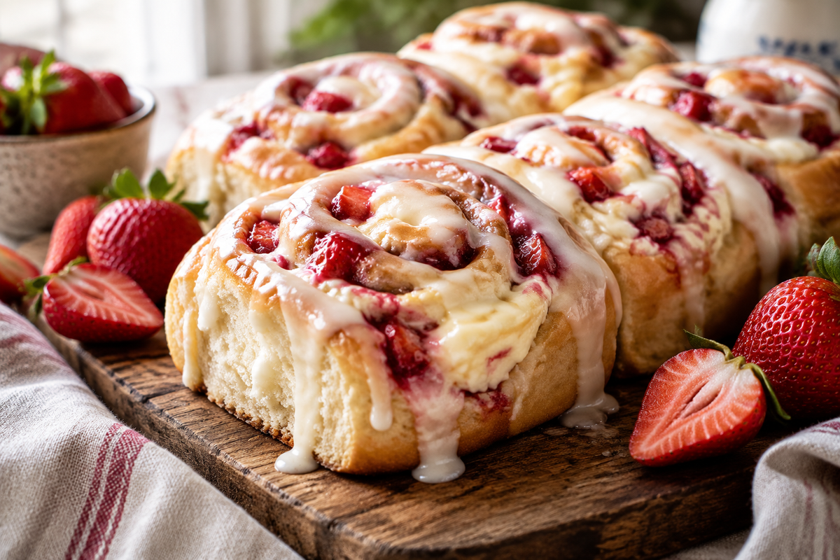 Strawberry cheesecake sweet rolls with glaze on a rustic wooden board garnished with fresh strawberries