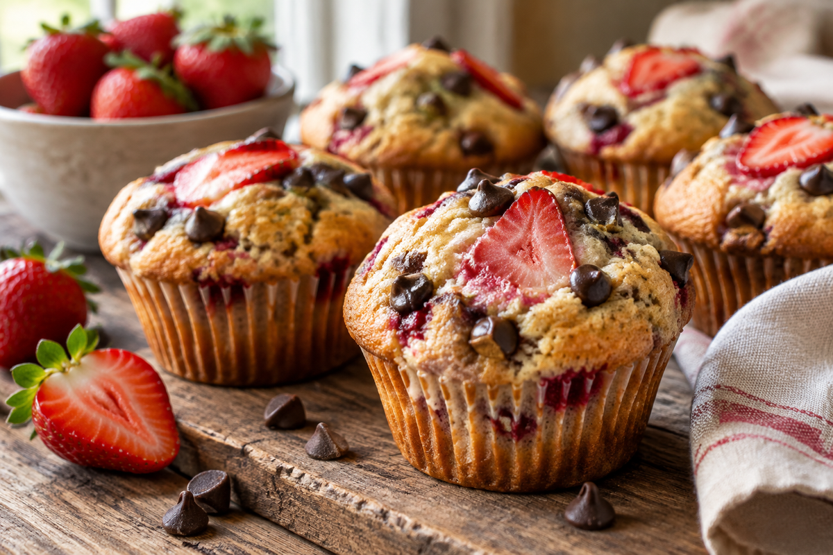 Fresh strawberry chocolate chip muffins with melted chocolate and strawberry slices on rustic table