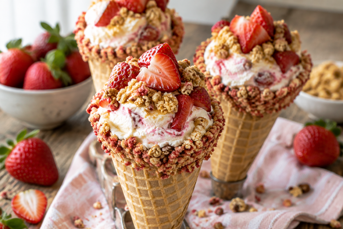 Strawberry crunch cheesecake cones filled with creamy cheesecake and fresh strawberries topped with crunchy granola