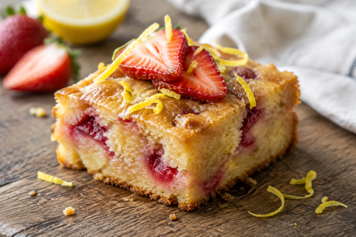 Strawberry lemon blondies on rustic wooden surface garnished with fresh strawberries and lemon zest