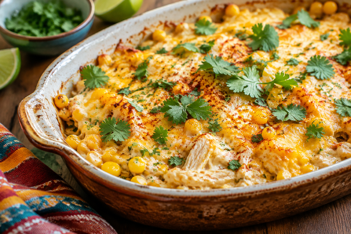 Creamy street corn chicken casserole topped with melted cheese and fresh cilantro, showcasing street corn chicken casserole