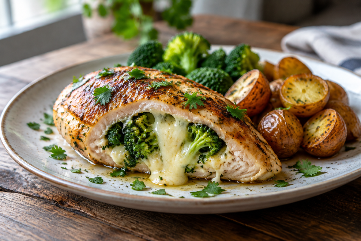 Stuffed chicken breast with broccoli and cheese on a rustic plate garnished with parsley