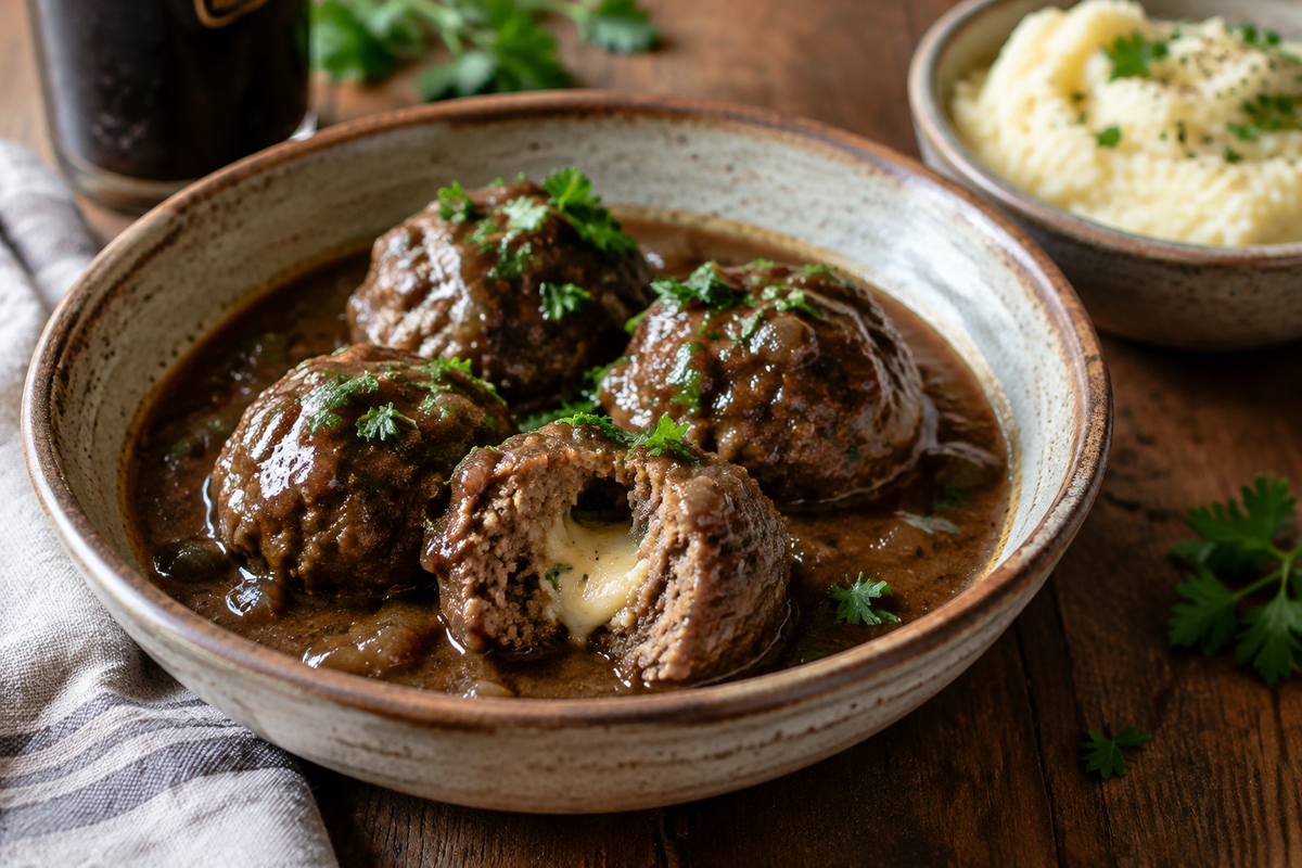 Stuffed meatballs in Guinness gravy garnished with parsley in a rustic bowl