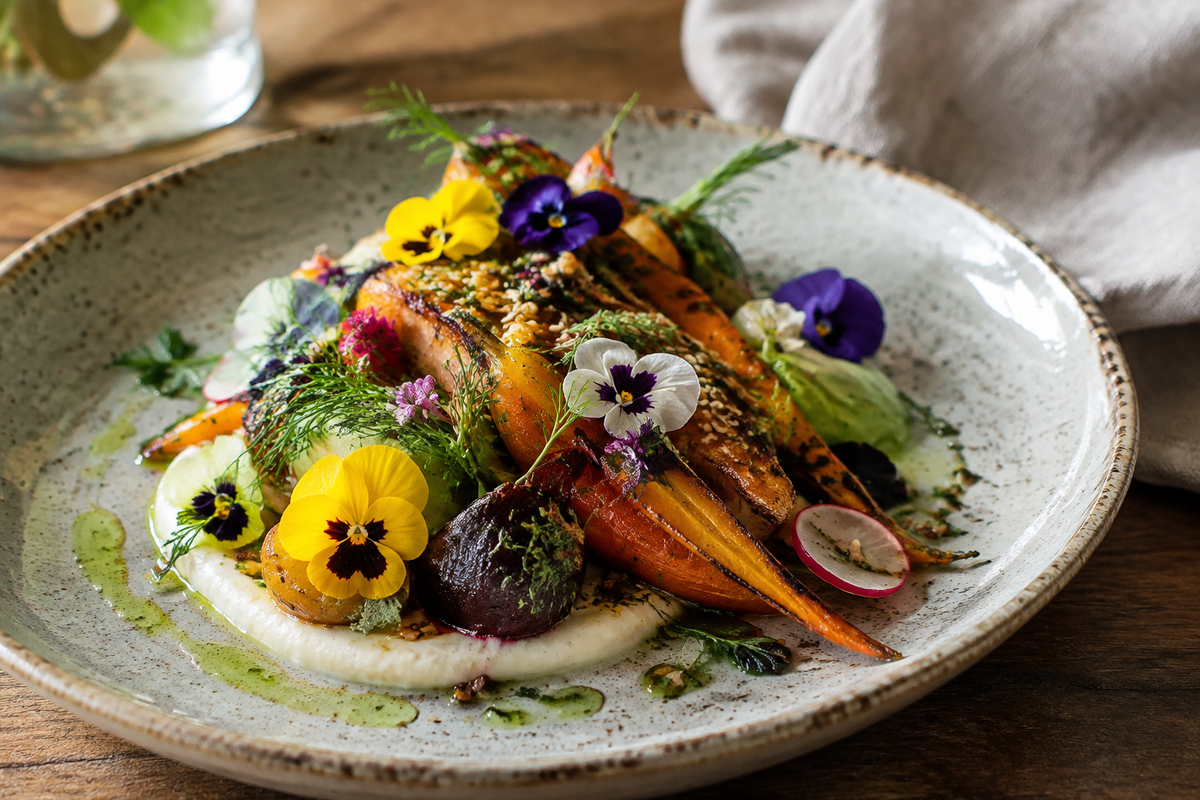 Stunning edible art dish beautifully plated with colorful edible flowers and fresh herbs