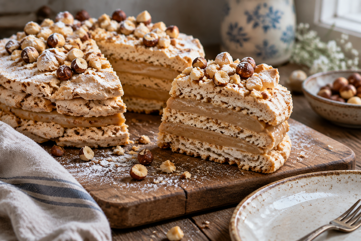 Succès au praliné dessert slice with hazelnut meringue layers and praline cream filling
