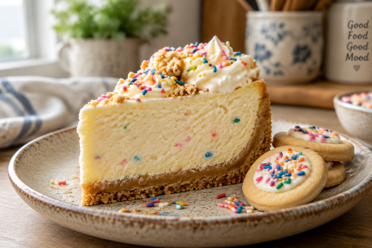 Slice of sugar cookie cheesecake with golden crust and sprinkles on rustic plate