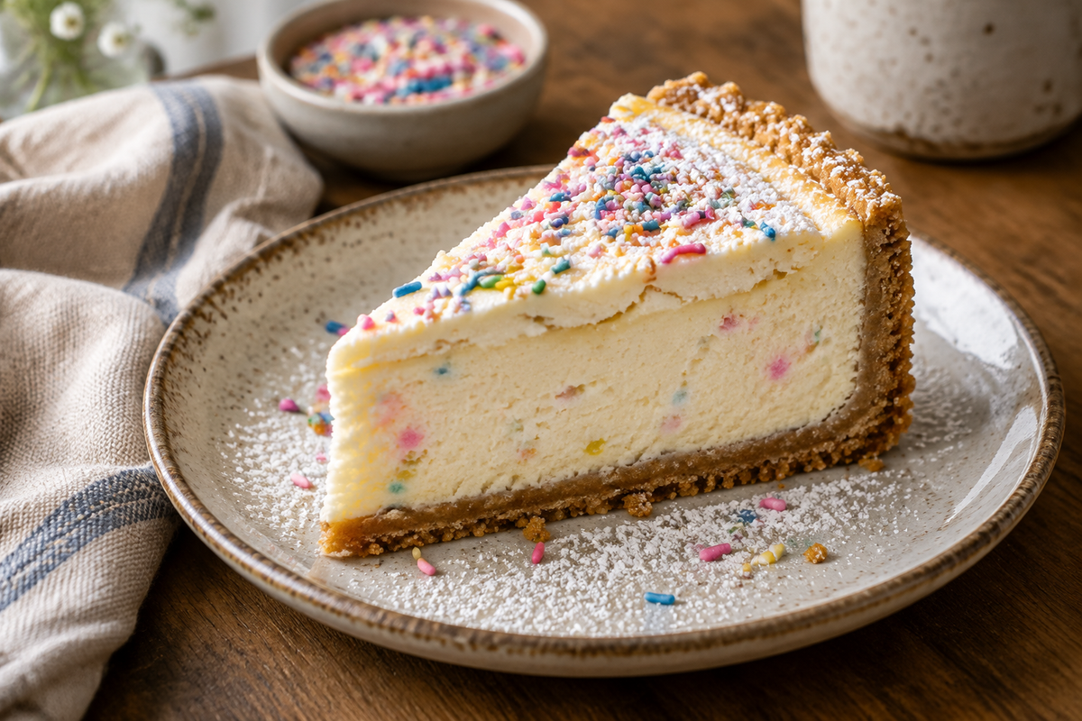 Slice of sugar cookie cheesecake with sprinkles on a rustic plate, showcasing sugar cookie cheesecake dessert