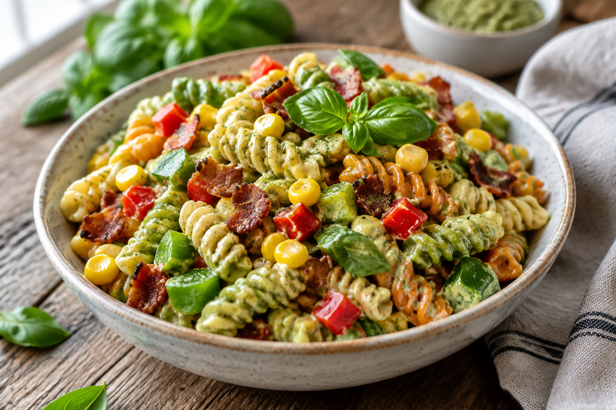 Summer pasta salad with corn, bell pepper, bacon, and creamy pesto dressing in a bowl