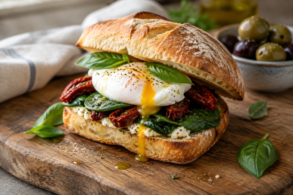 Sun-kissed Mediterranean breakfast sandwich with fresh ingredients on toasted bread