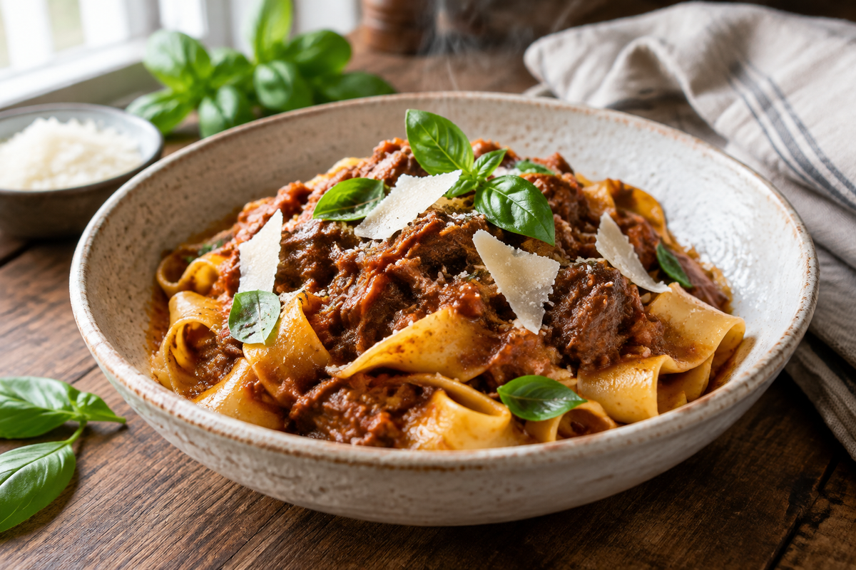 Slow cooker beef ragu served over pasta garnished with basil and Parmesan, showcasing tender and rich slow cooker beef ragu