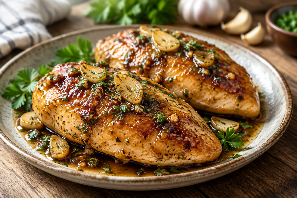 Glazed brown sugar garlic chicken breasts garnished with fresh parsley on a rustic plate