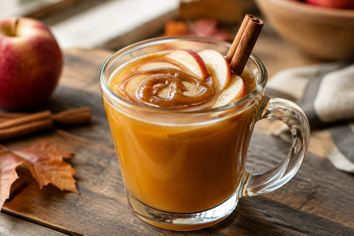 Glass of caramel apple punch garnished with cinnamon stick and apple slices, showcasing caramel apple punch