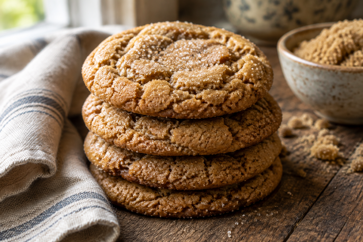 Stack of chewy brown sugar cookies with golden cracks, showcasing soft texture and sugar crystals
