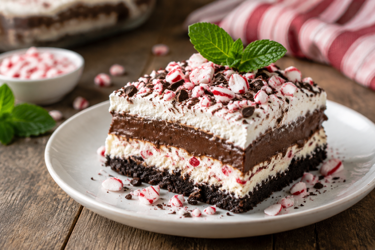 slice of chocolate peppermint lasagna no bake dessert with peppermint garnish