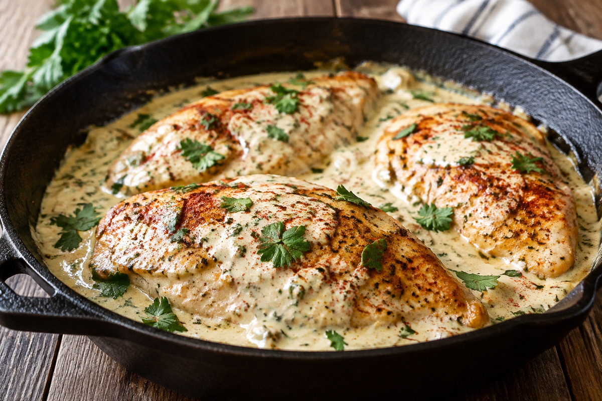 Creamy ranch chicken skillet with golden seared chicken in creamy ranch sauce garnished with parsley