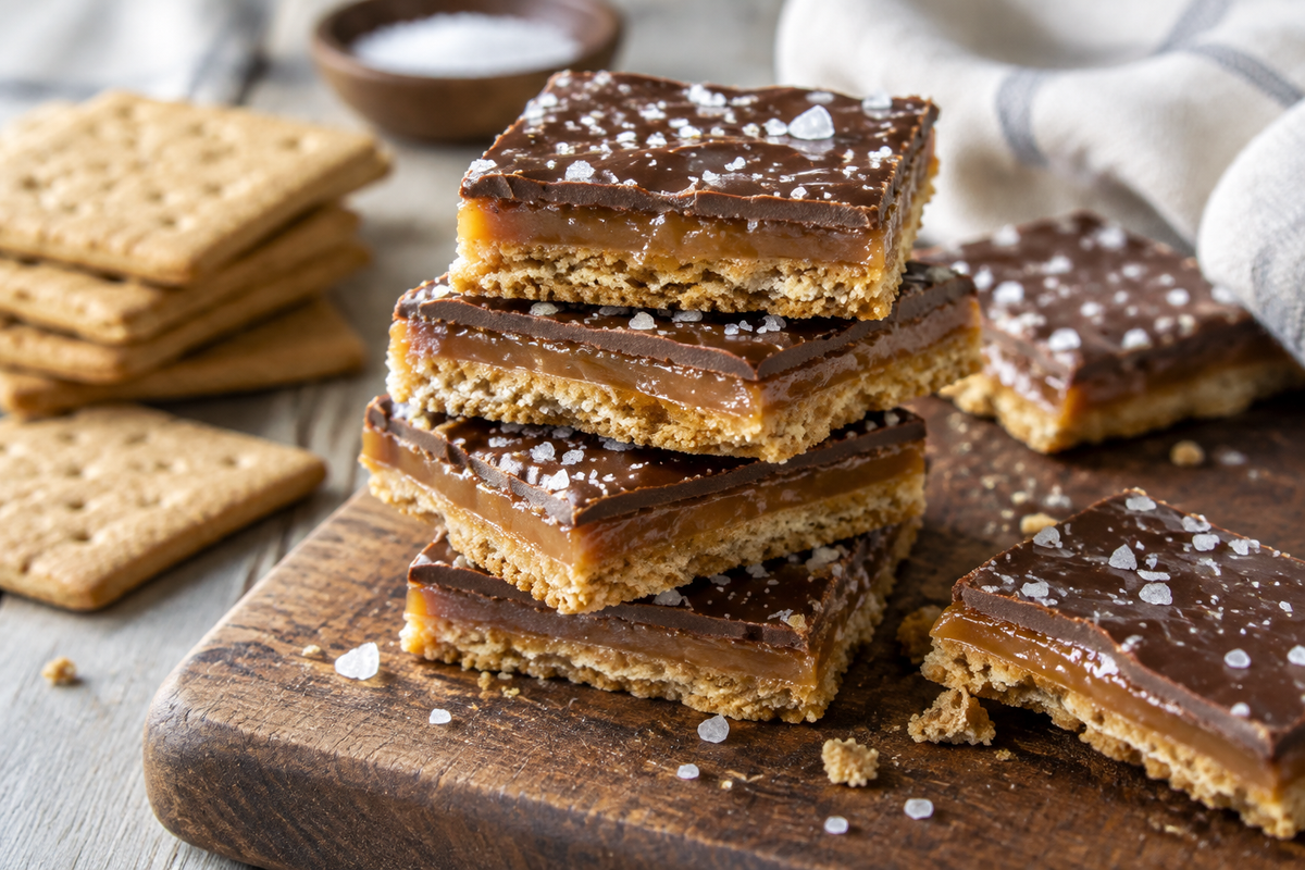 Golden crunchy graham cracker toffee squares with caramel and sea salt topping