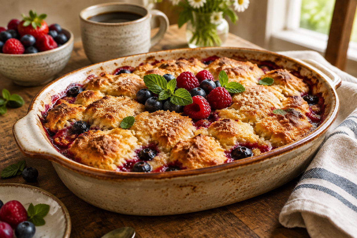 Golden breakfast cobbler with fresh berries and mint garnish in rustic dish, breakfast cobbler
