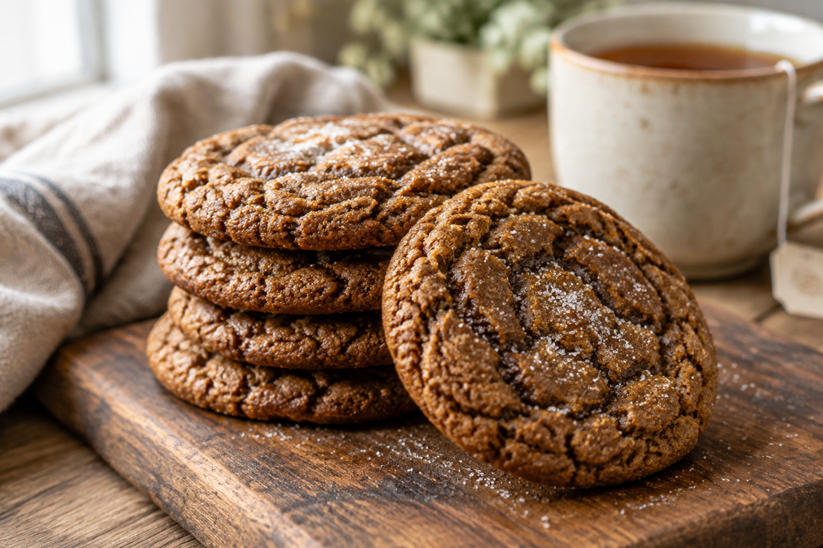 Stack of super soft molasses cookies with crinkled tops and sugar dusting on rustic board