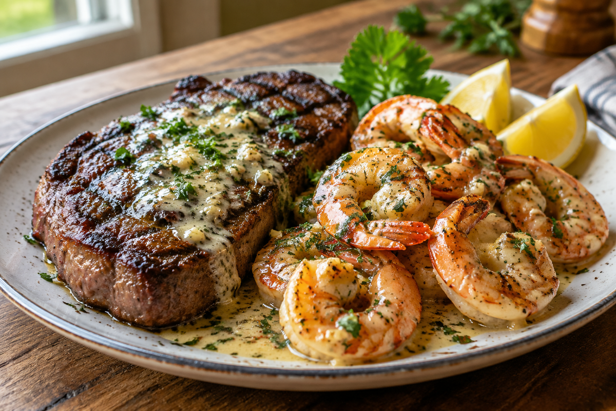 Luxurious surf and turf with creamy garlic sauce on a rustic plate garnished with parsley