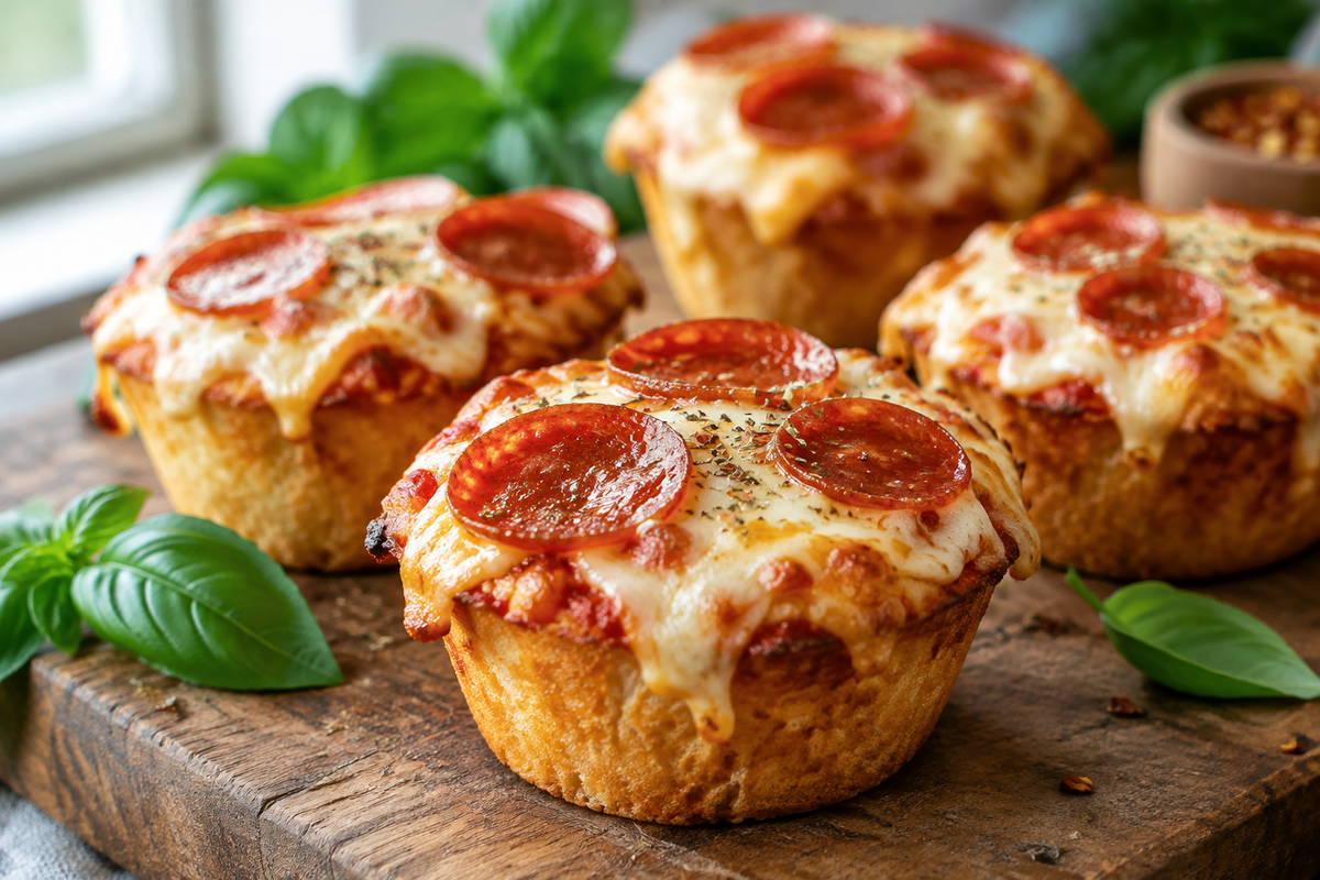 Golden pizza cupcakes with melted cheese and pepperoni, a delicious pizza cupcakes presentation