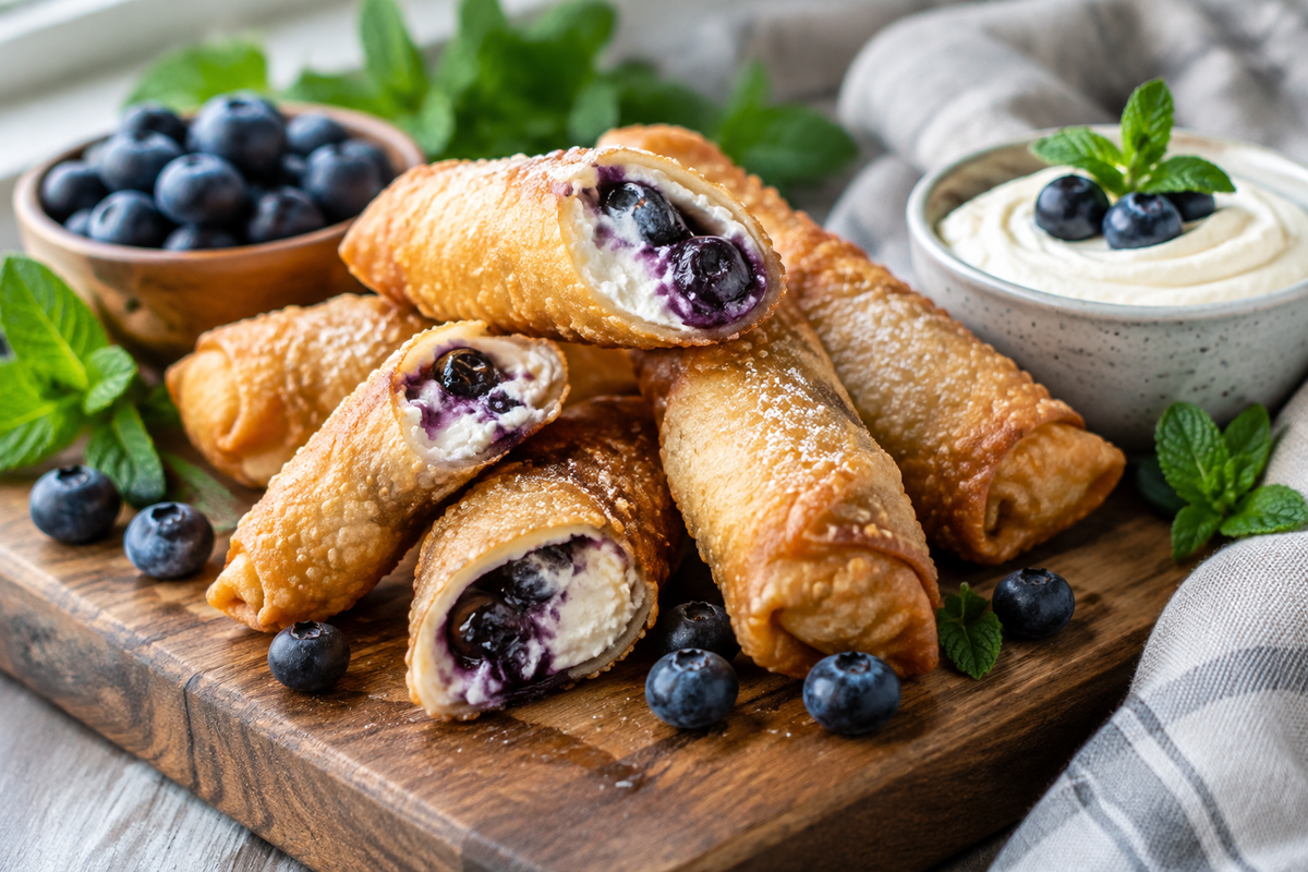 Golden crispy blueberry cream cheese egg rolls with fresh blueberries and cream cheese dip, a delicious blueberry cream cheese egg rolls dessert
