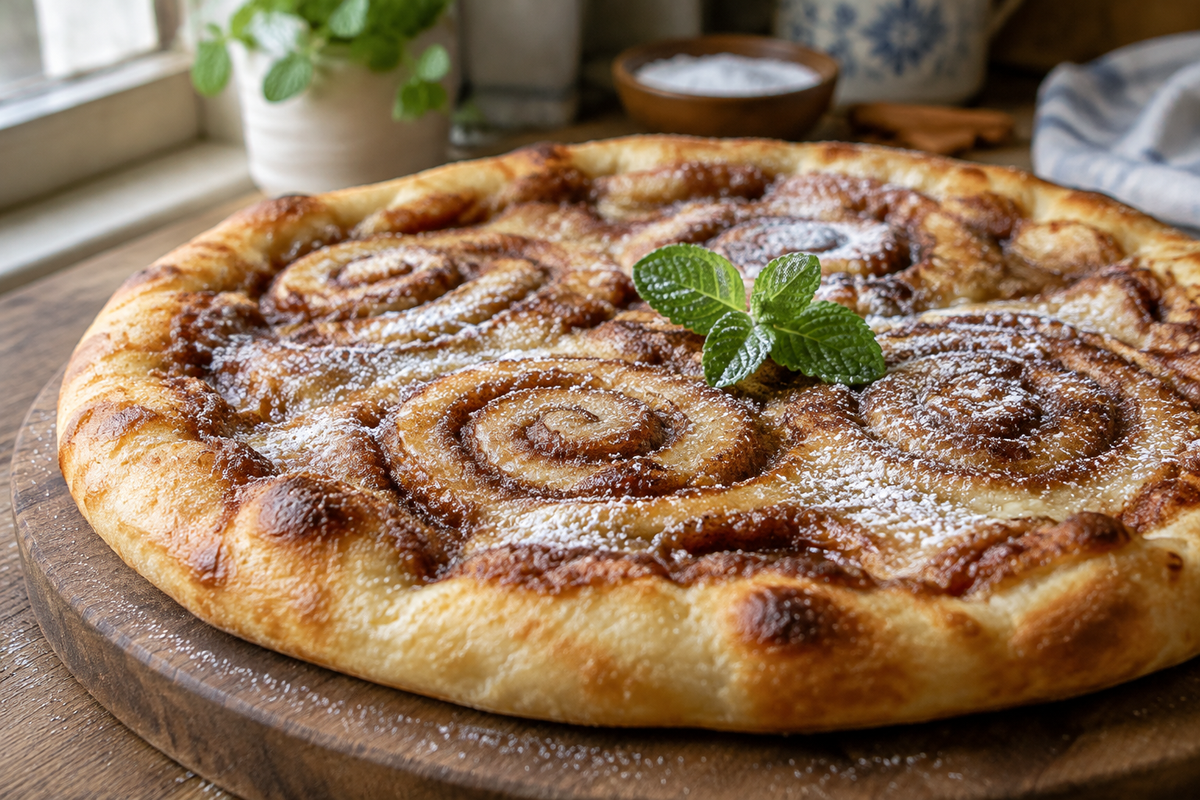 Sweet cinnamon swirl pizza with golden crust and cinnamon sugar swirls on rustic board