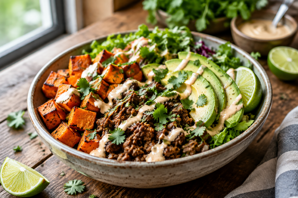 Sweet potato burger bowl with ground beef, avocado, and fresh greens in a rustic bowl