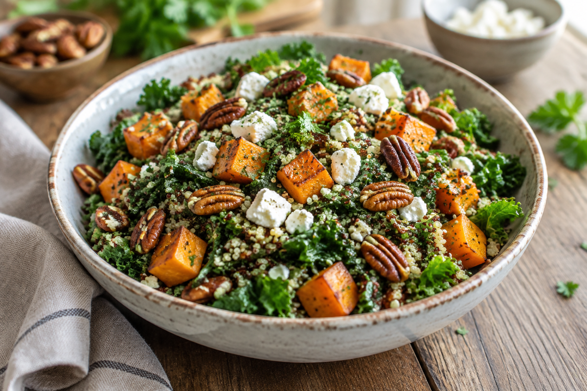 Sweet potato quinoa salad in a bowl with roasted sweet potatoes and kale, highlighting the sweet potato quinoa salad keyphrase
