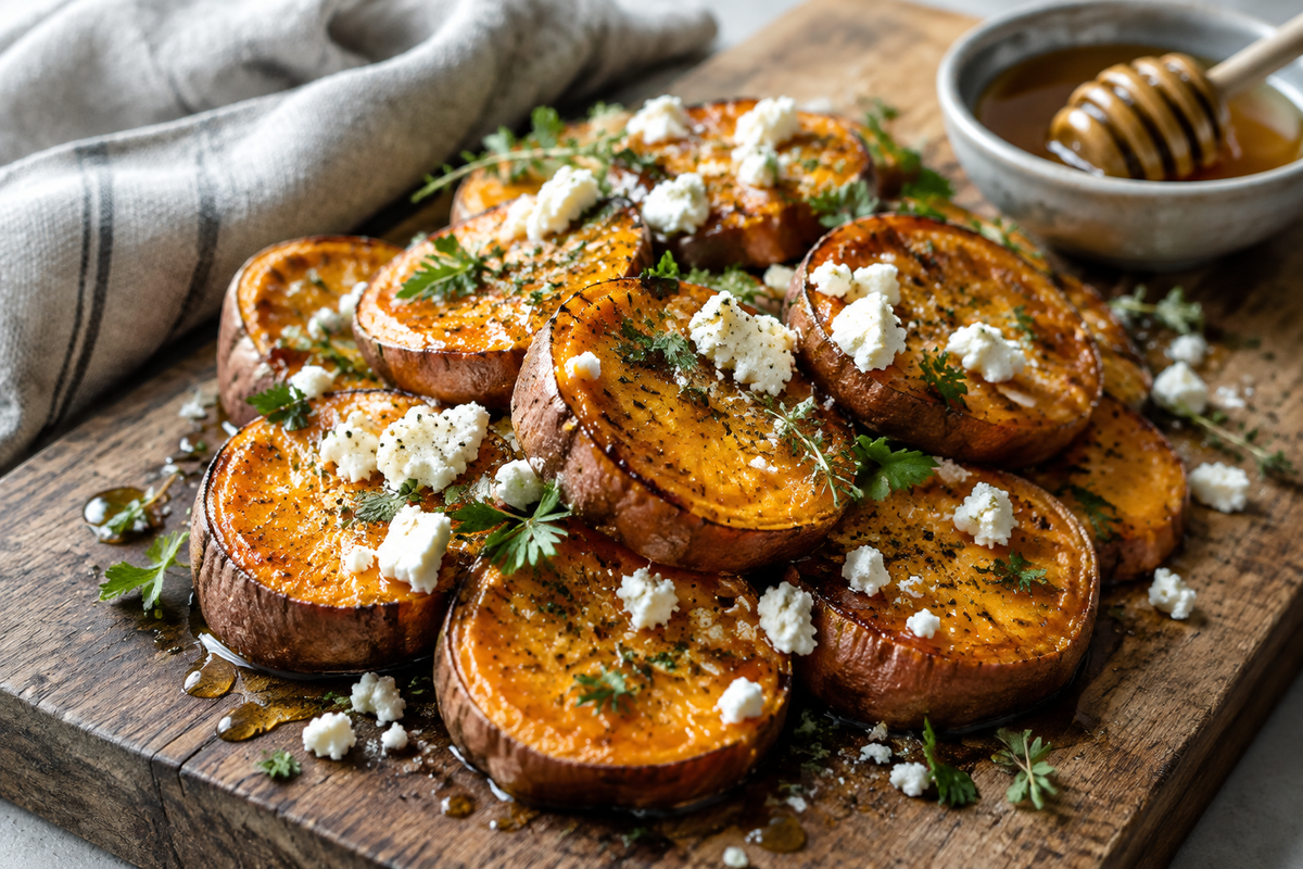 Golden roasted sweet potato rounds drizzled with honey and crumbled feta cheese, a perfect sweet potato rounds dish