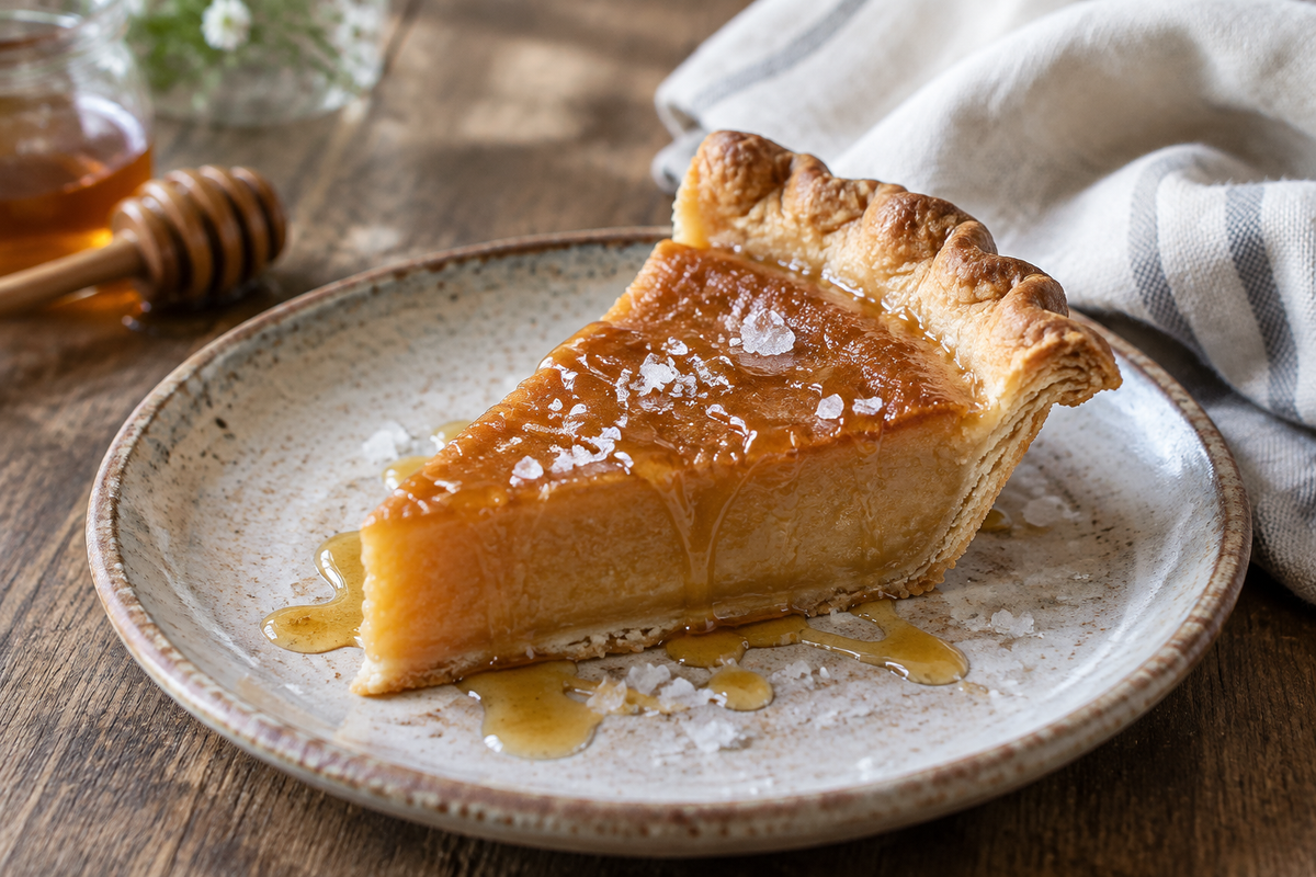 Slice of salted honey pie drizzled with honey and sprinkled with sea salt, showcasing the salted honey pie