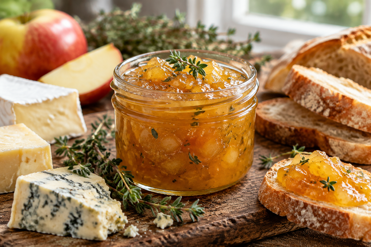 Jar of sweet and savory apple thyme jam garnished with fresh thyme on a cheese board