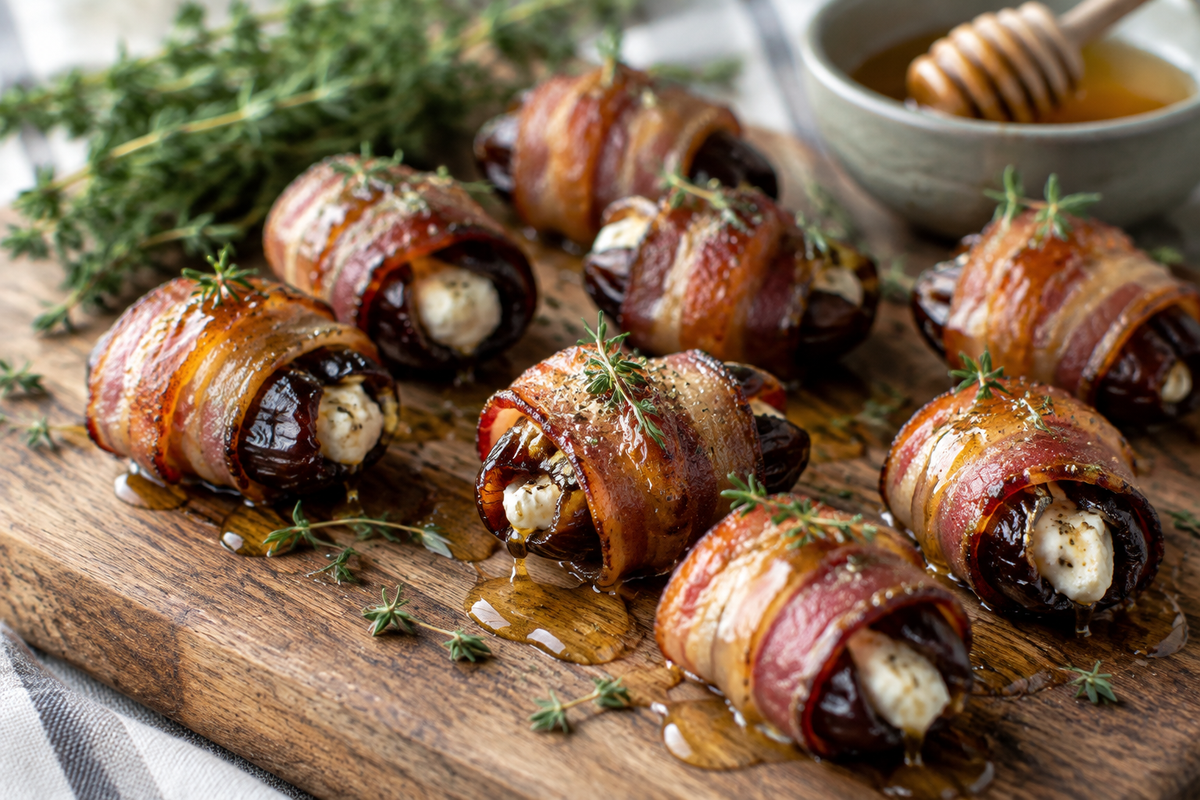 Bacon-wrapped dates stuffed with goat cheese and drizzled with honey, a sweet and savory appetizer