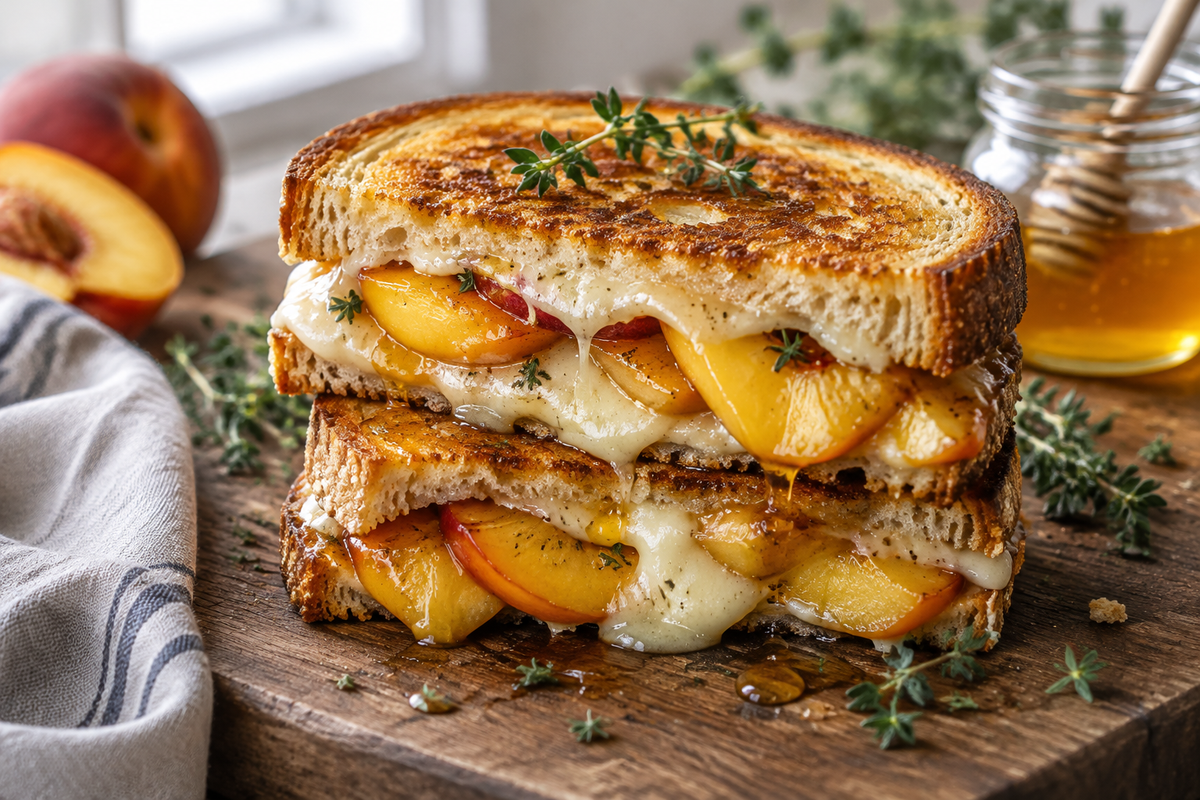Honey peach grilled cheese sandwich with melted white cheddar and fresh thyme garnish