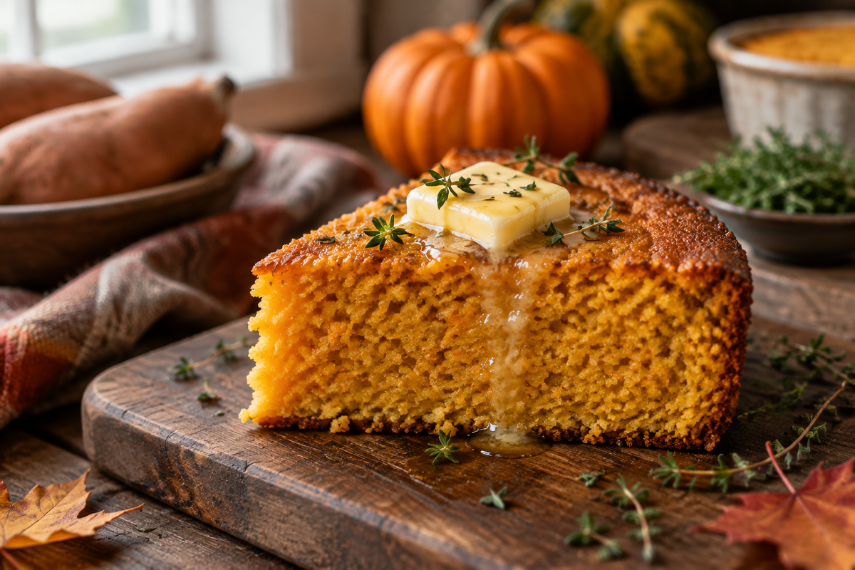 Moist sweet potato cornbread slice garnished with butter and thyme, showcasing sweet potato cornbread