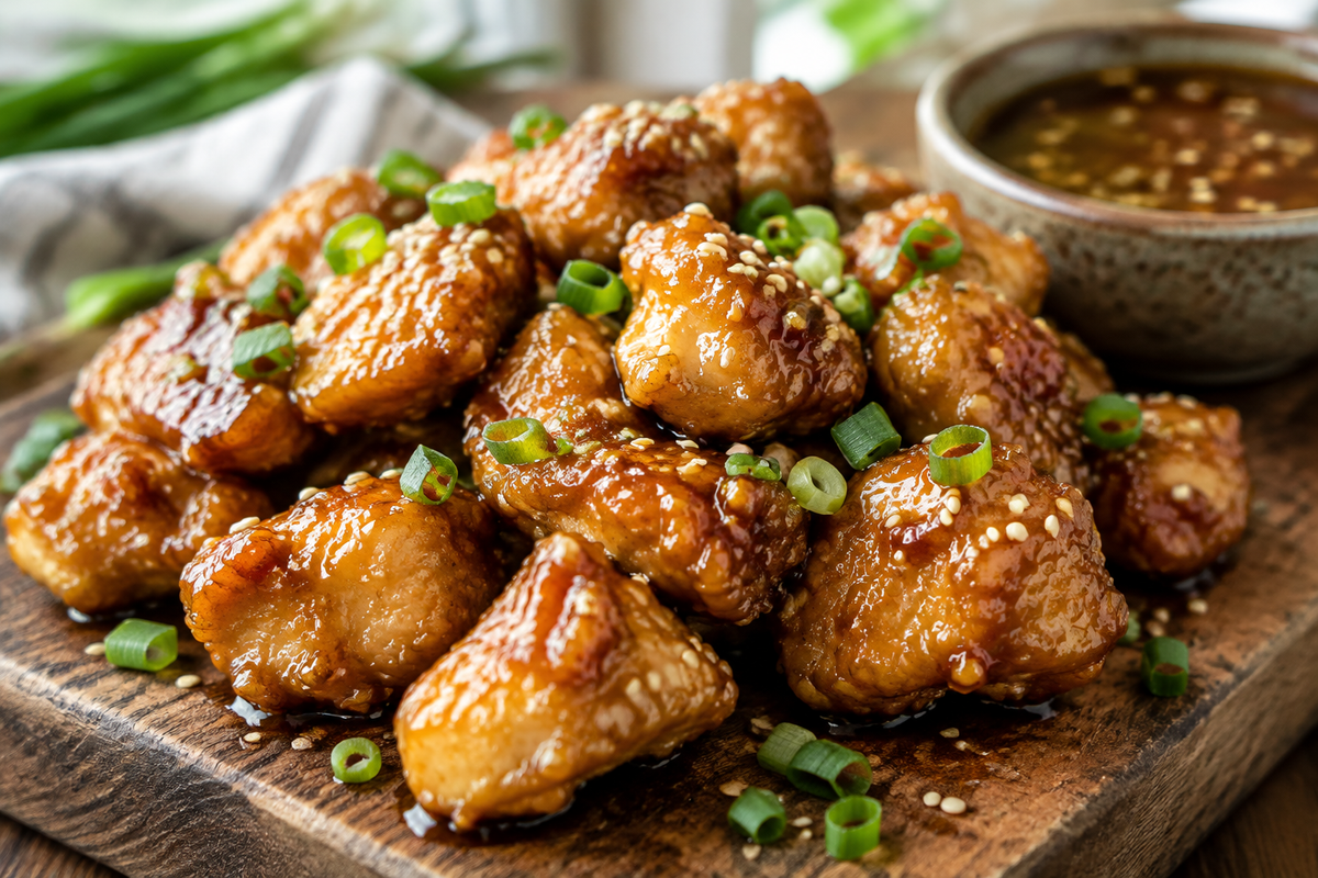 Sweet smoky honey garlic chicken bites garnished with sesame seeds and green onions