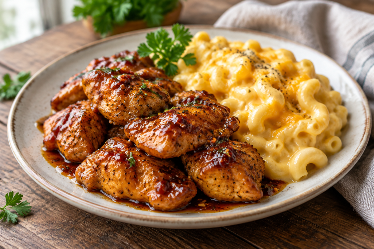Sweet and spicy honey pepper chicken served with creamy mac and cheese on rustic plate