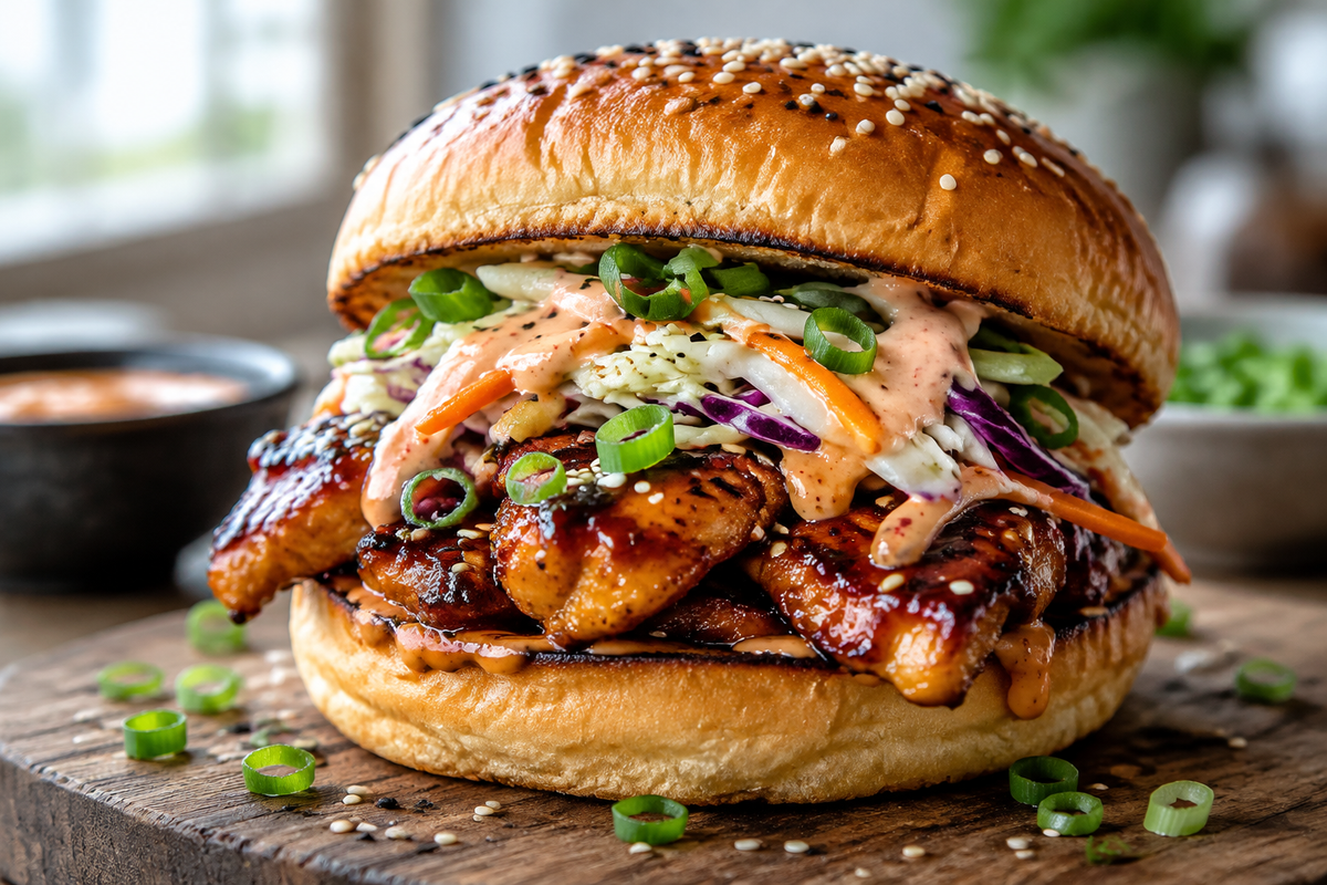 Korean BBQ chicken sandwich with sweet and spicy glazed chicken, slaw, and toasted bun