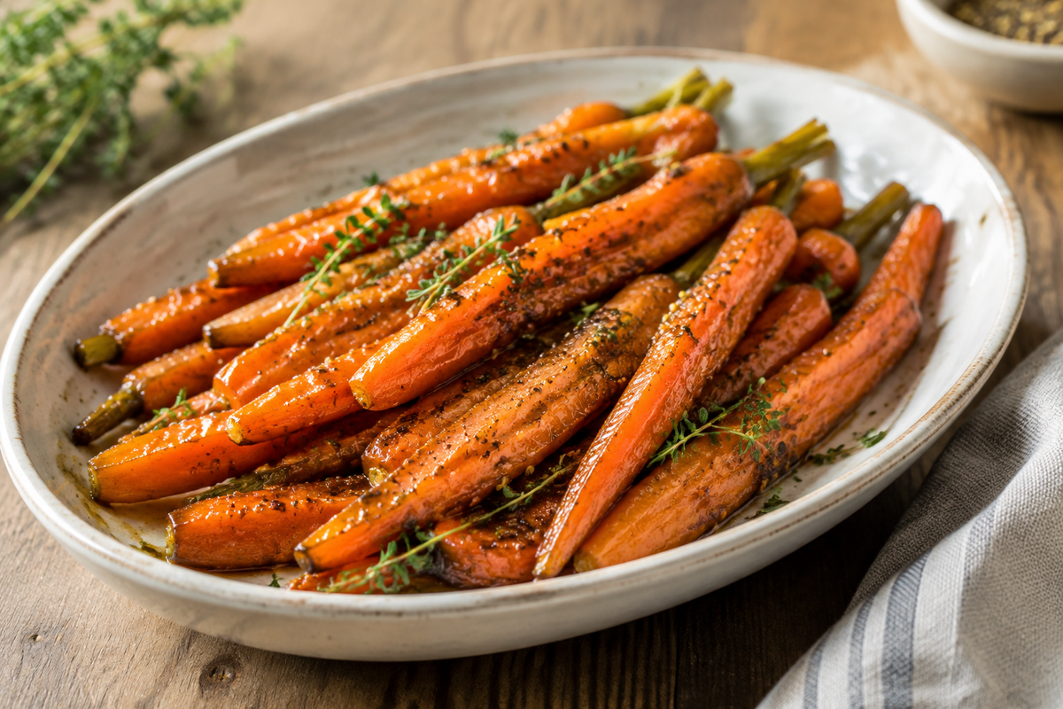 Maple mustard glazed carrots in a rustic dish garnished with fresh thyme, showcasing maple mustard glazed carrots