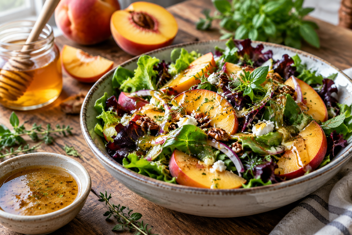 Bowl of peach honey dijon dressing over salad showcasing the sweet and tangy peach honey dijon dressing