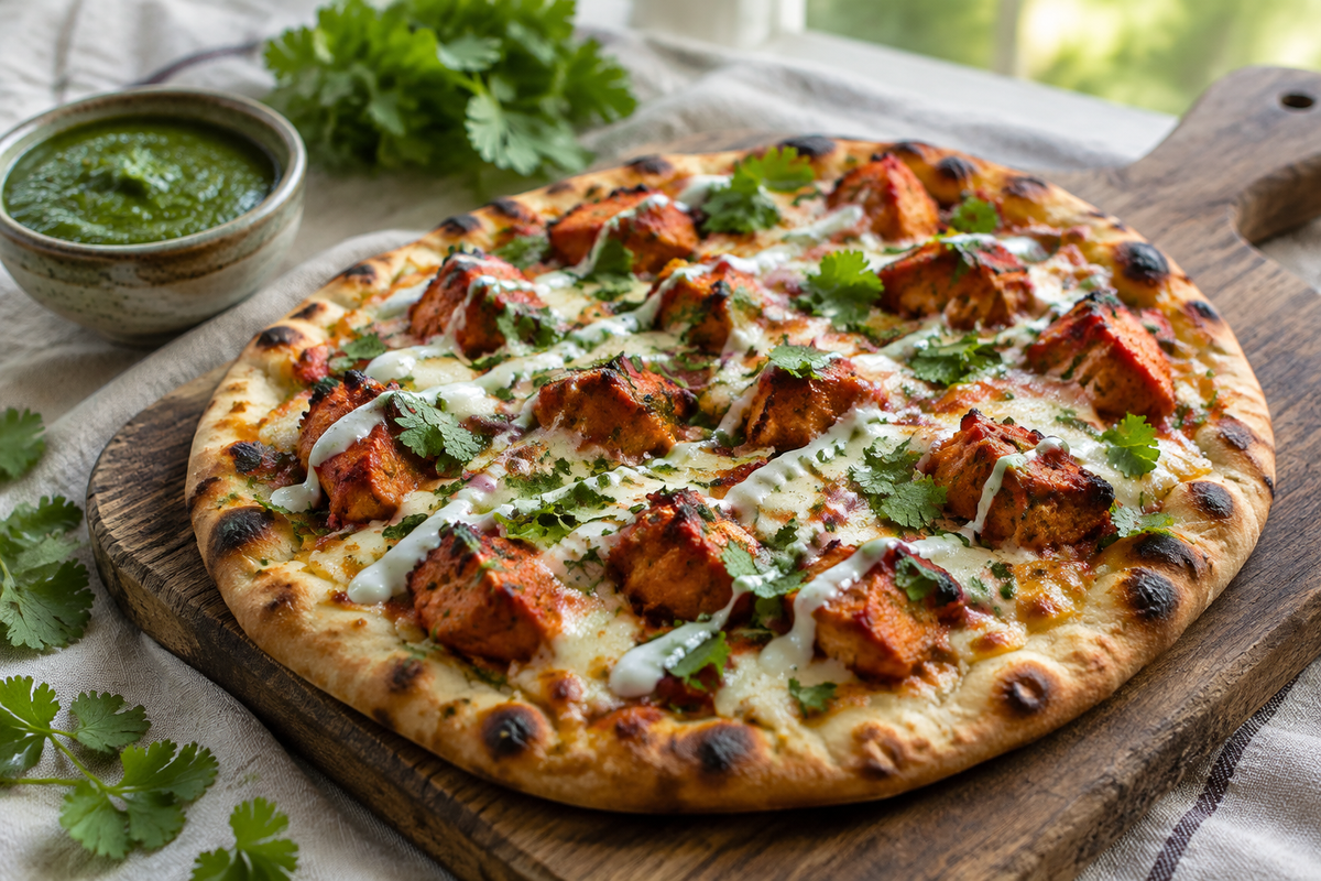 Tandoori chicken naan pizza topped with melted cheese and fresh cilantro in natural soft light