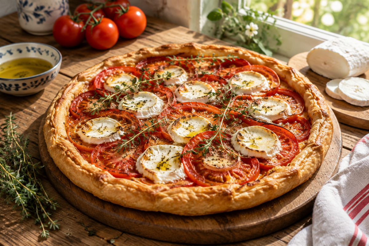 Tarte aux tomates chèvre with golden crust, fresh tomatoes, and goat cheese on rustic wooden table
