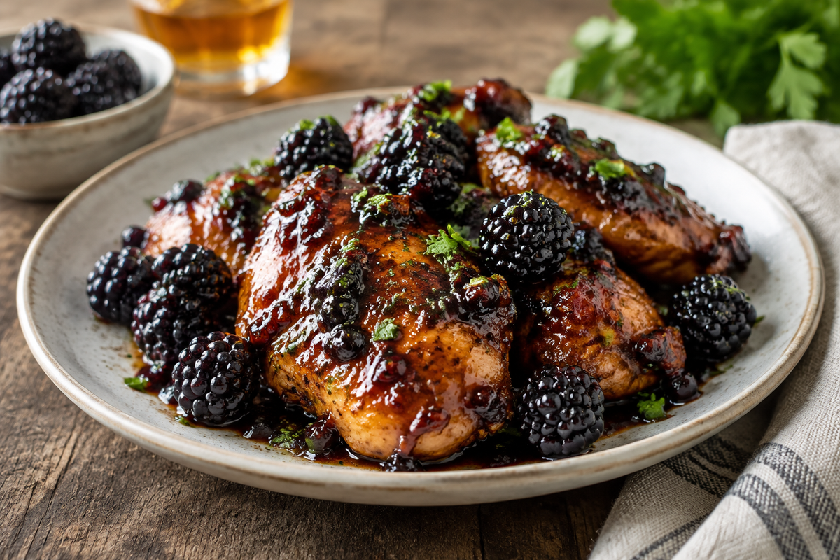 Juicy blackberry bourbon chicken glazed with sauce and garnished with fresh blackberries and herbs