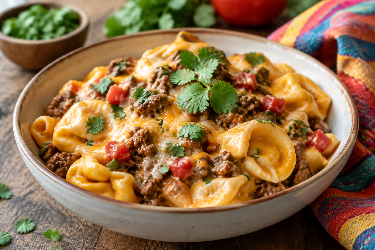 Cheesy taco tortellini bowl with melted cheese and seasoned ground beef in a rustic bowl