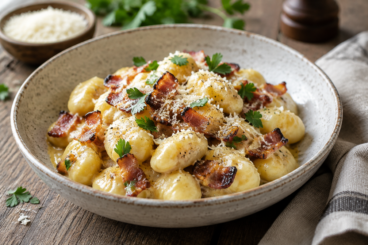 Delicious gnocchi carbonara with bacon and Parmesan garnished with parsley