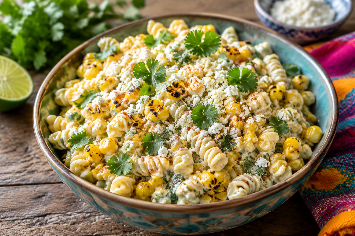 Mexican street corn pasta salad with grilled corn, creamy dressing, cilantro, and cotija cheese