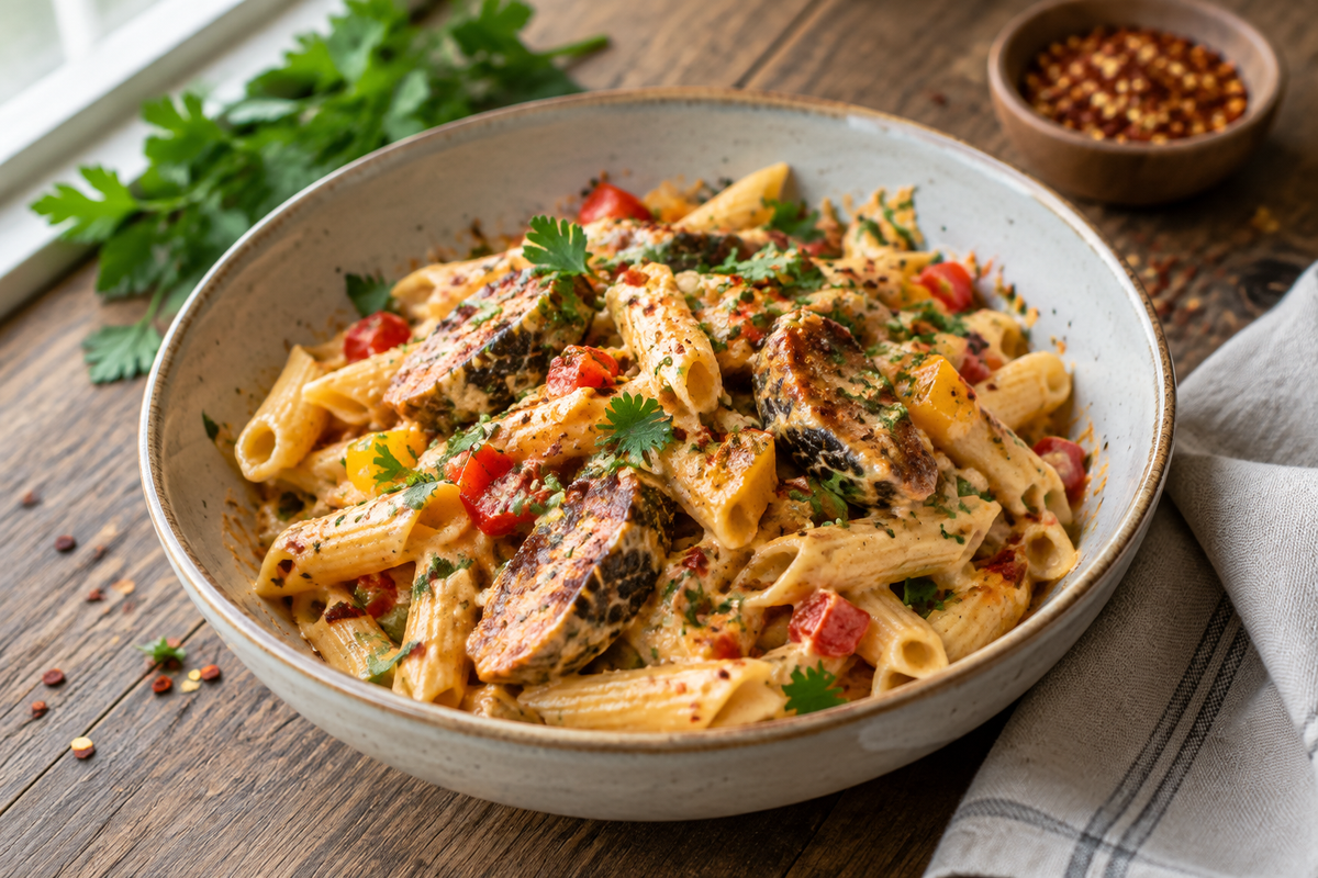 Spicy rattlesnake pasta dish garnished with parsley and chili flakes on rustic wooden table