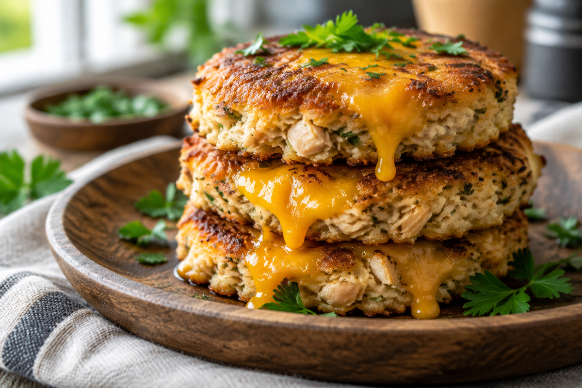 Golden crispy tuna melt patties stacked with melted cheddar cheese and fresh parsley garnish